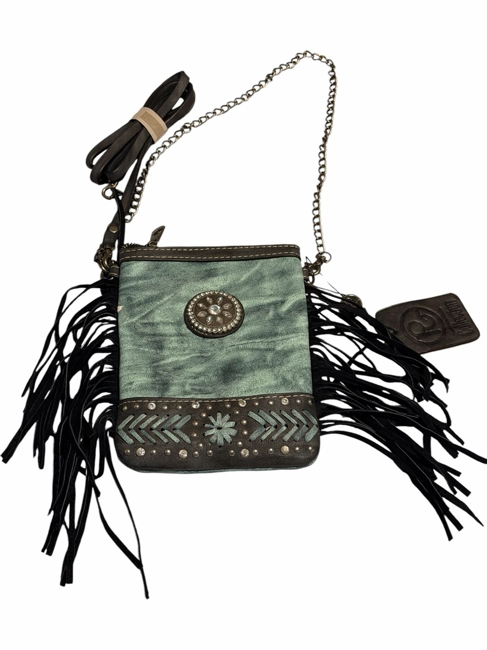 Fringed Teal and Black Crossbody Bag with Stud Accents